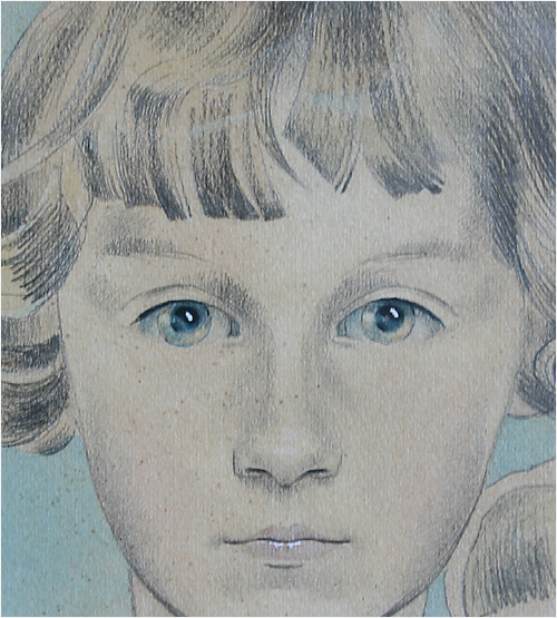 Buntstiftzeichnung von Gertrud Wild, dargestellt ist ihre Nichte.
